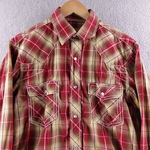 Cowboy Legend Men's Red Yellow Plaid Western Pearl Snap Button Shirt M Western